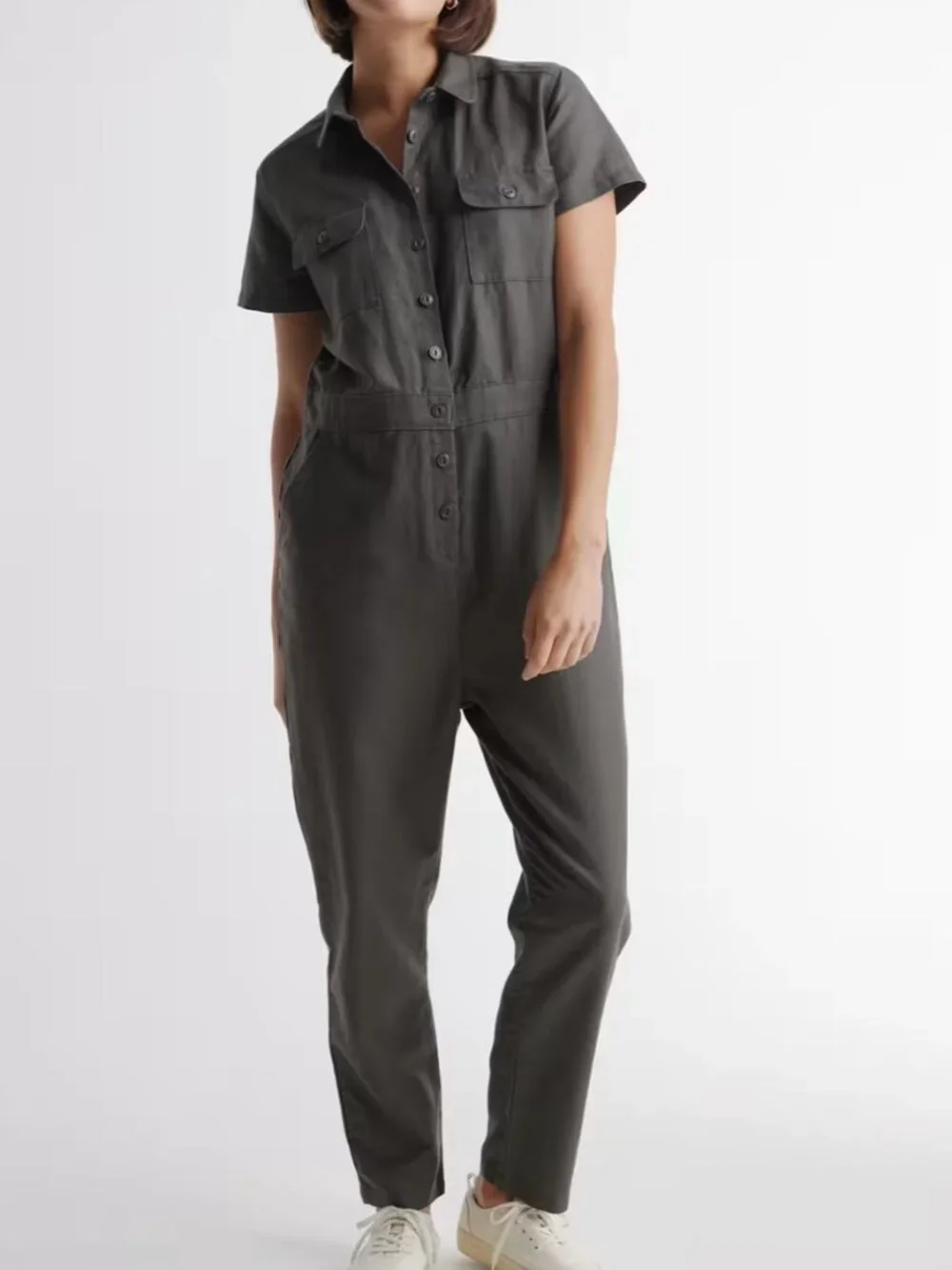NWT Quince Cotton Linen Twill Short Sleeve Coverall Jumpsuit in Charcoal Size L